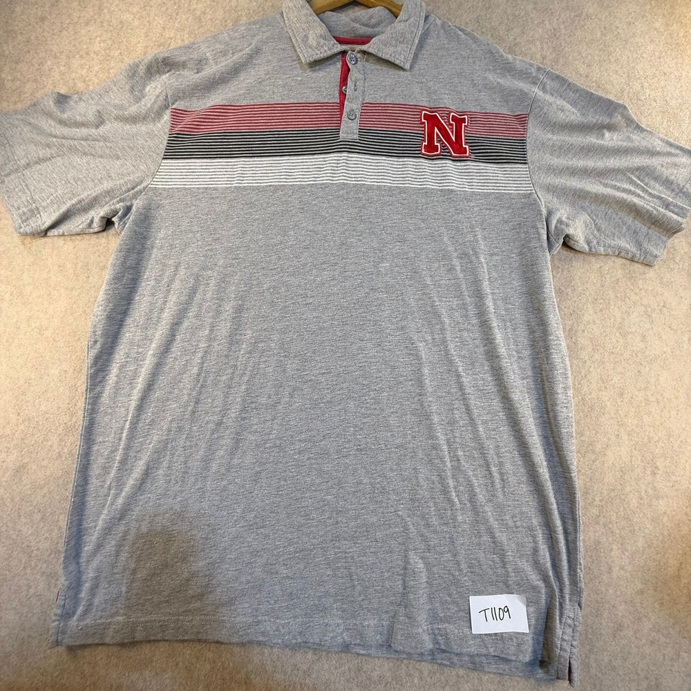 Colosseum Nebraska Huskers‎ Mens Polo Shirt Grey Red Stripe Embroidered 2XT Big